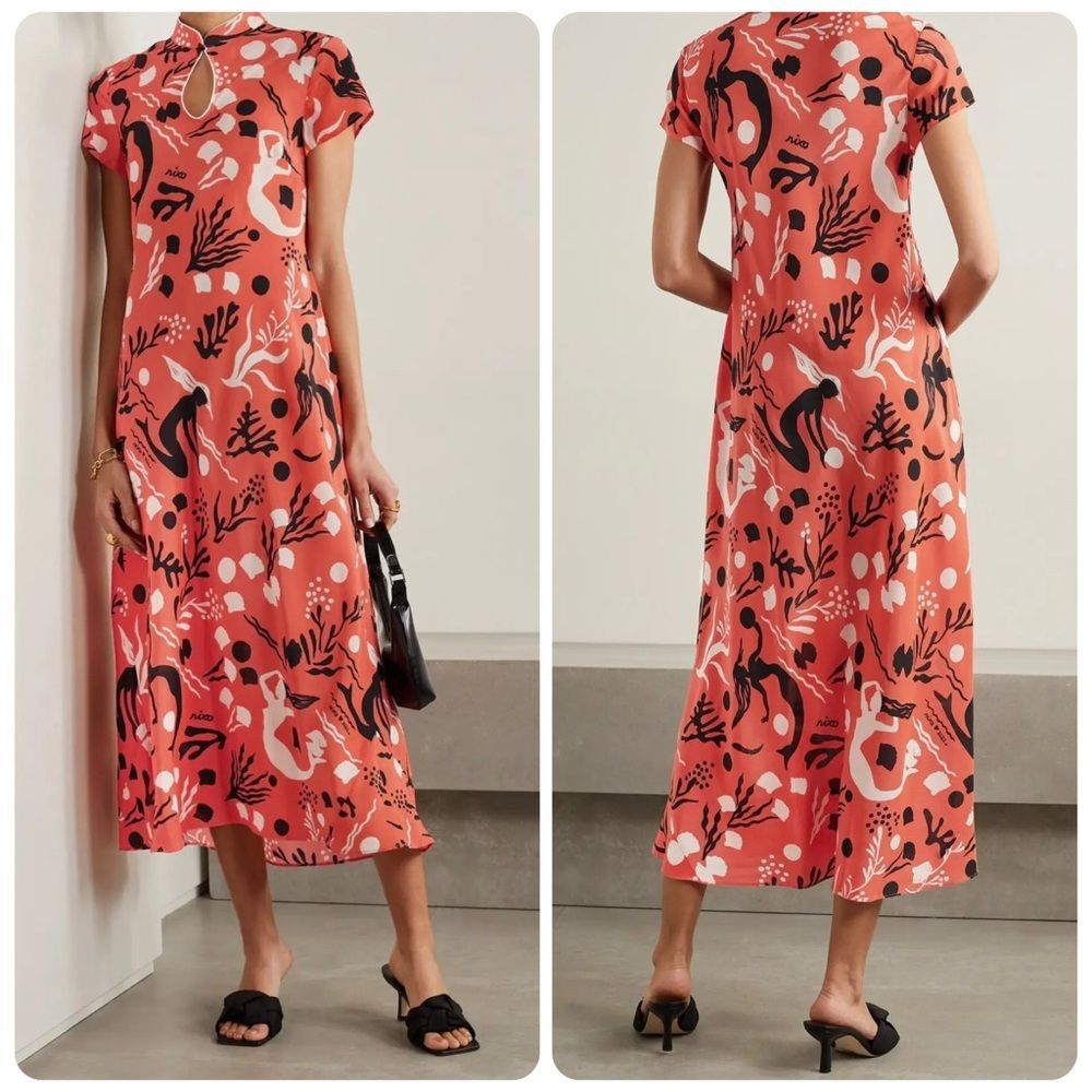 RIXO London Pepper Cutout Printed Silk Midi Dress in Orange Multi | XS / 4